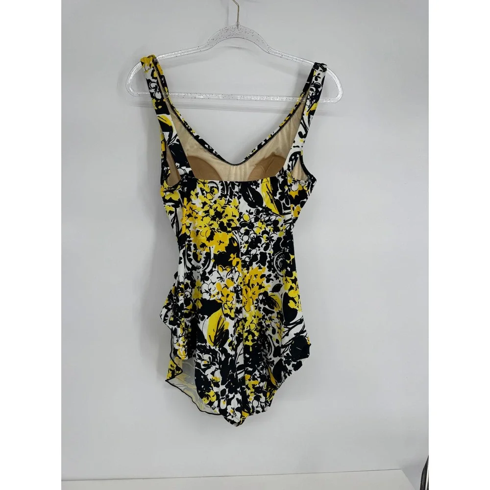 Maxine of Hollywood Womens Sz 16 Yellow Black Floral V-Neck Faux Wrap Swimsuit